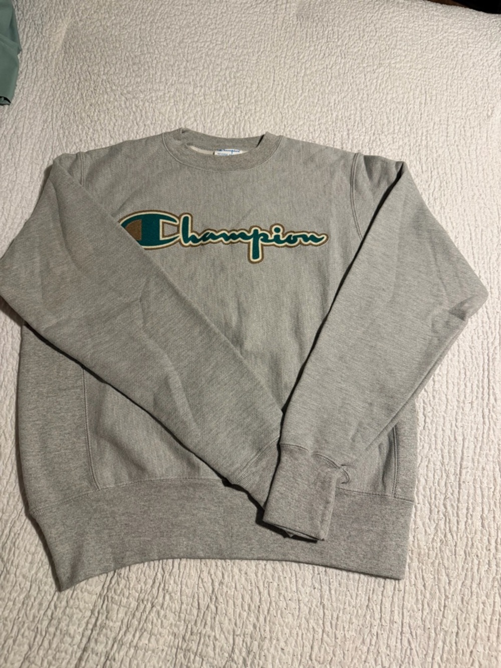 Champion Gray Crew Sweatshirt with Teal and Gold Logo